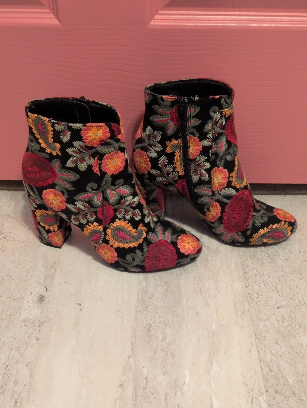Women’s Black Floral Embroidered Ankle Boots - Red & Orange Accent